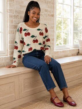 Shrinking violet sweater cherry white fluffy soft SZ XS
